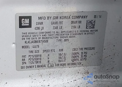 2014 Buick Encore из США, поврежденный, VIN KL4CJASB6EB754508